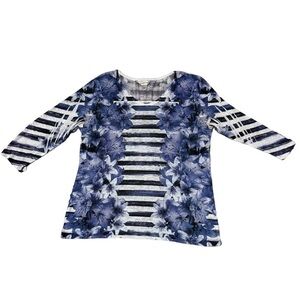L Christopher & Banks Women’s Blue Floral and Navy Stripe Blouse Top 3/4 Sleeves